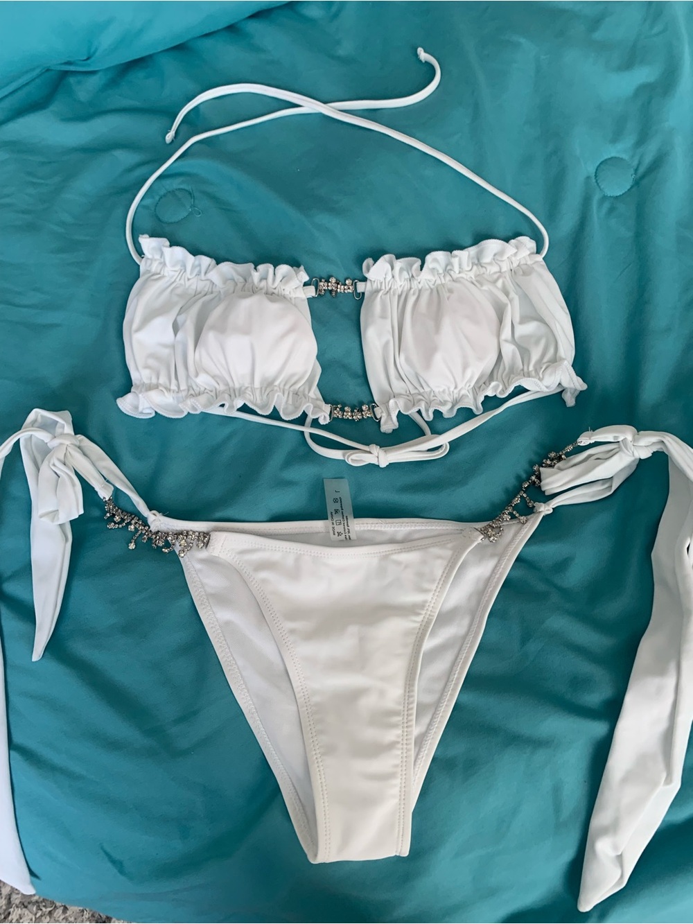 White Embellished rhinestones Bandeau Bikini Set - Women Swim